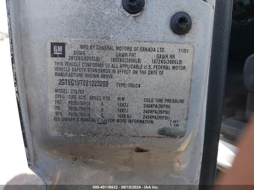 2002 GMC Sierra 1500 Sle VIN: 2GTEC19T021223209 Lot: 40116632