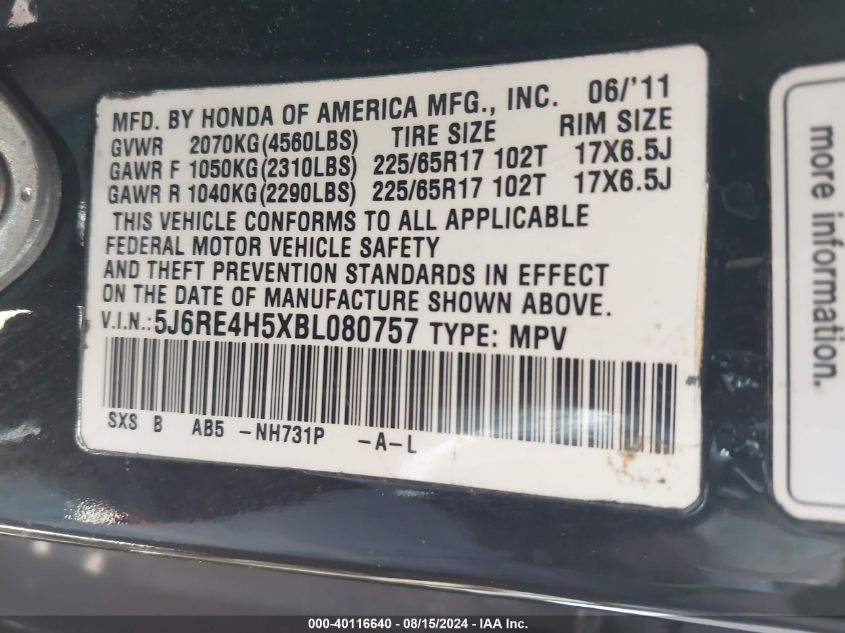 5J6RE4H5XBL080757 2011 Honda Cr-V Ex