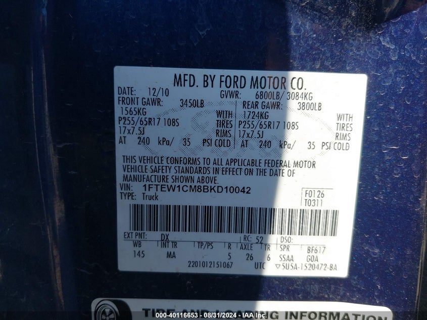 2011 Ford F-150 Xlt VIN: 1FTEW1CM8BKD10042 Lot: 40116653