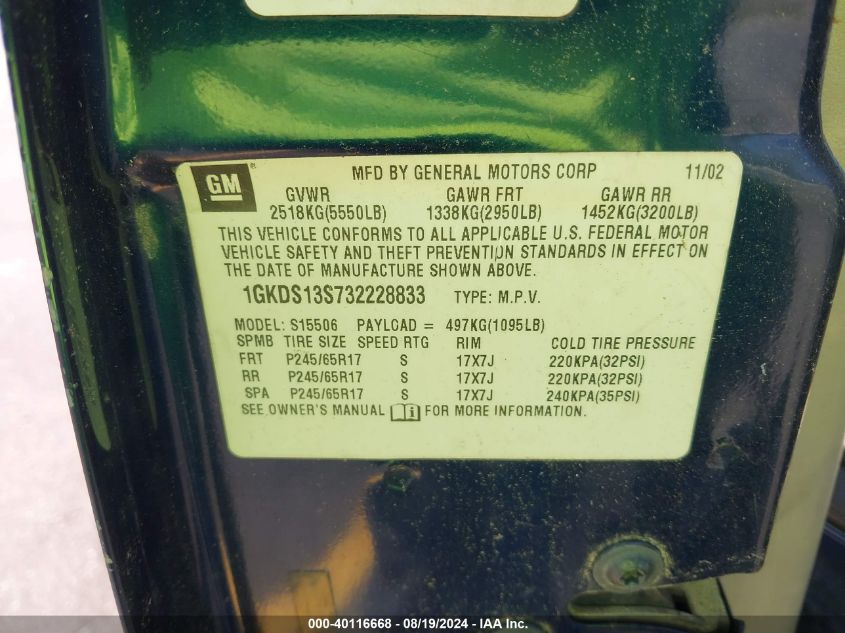 2003 GMC Envoy Sle VIN: 1GKDS13S732228833 Lot: 40116668