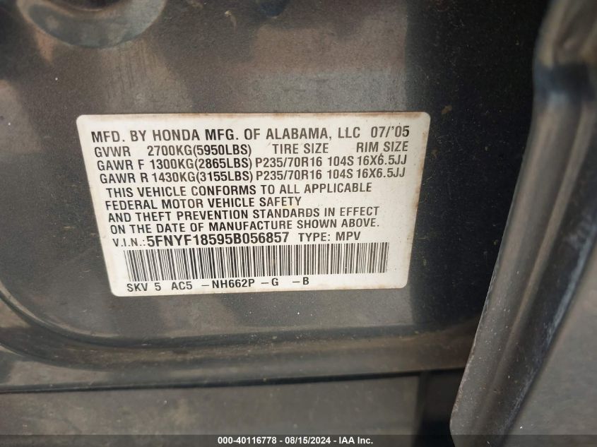 2005 Honda Pilot Ex-L VIN: 5FNYF18595B056857 Lot: 40116778