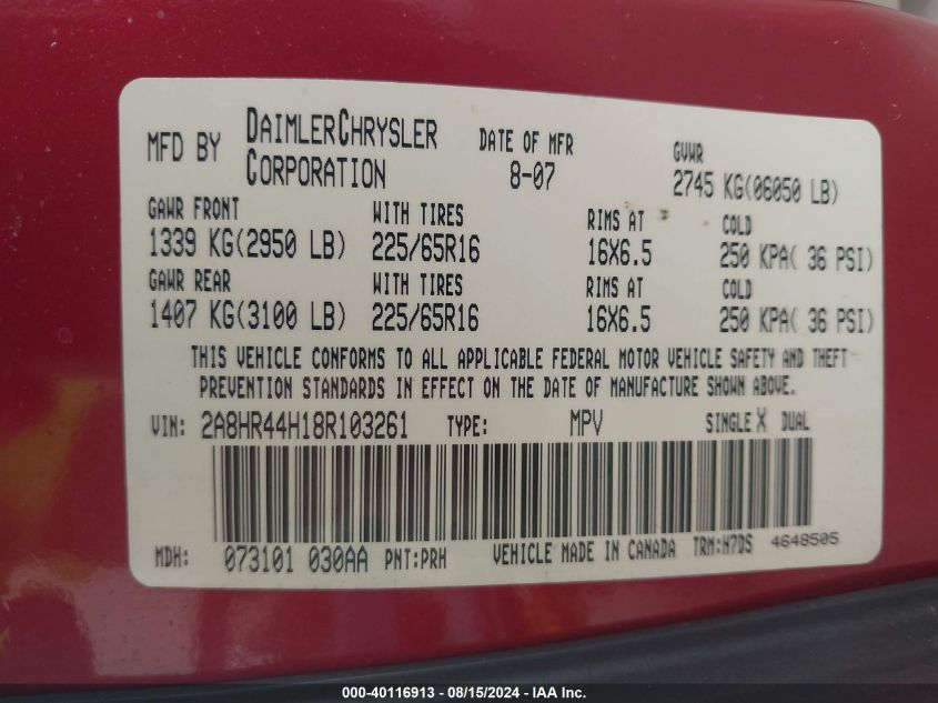 2008 Chrysler Town & Country Lx VIN: 2A8HR44H18R103261 Lot: 40116913