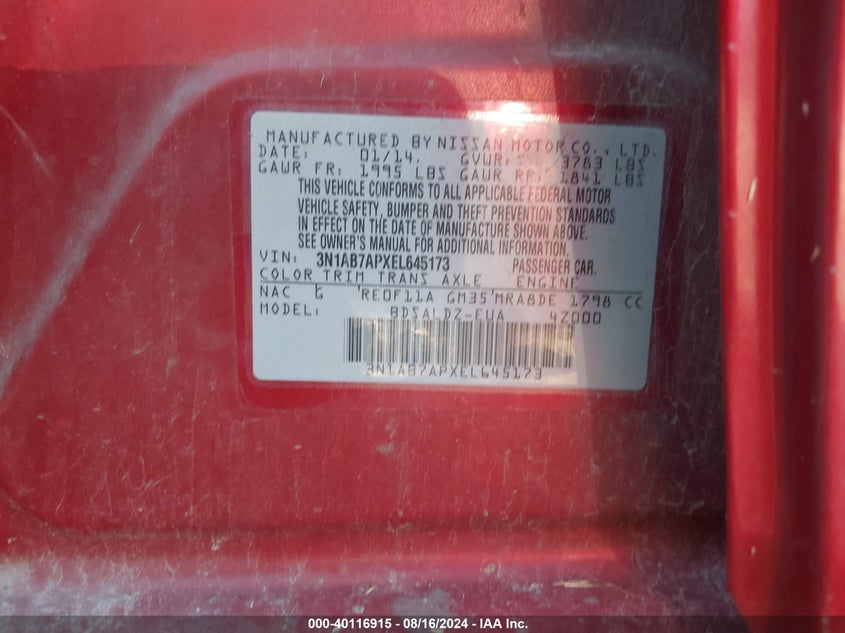 2014 Nissan Sentra Fe+ S/Fe+ Sv/S/Sl/Sr/Sv VIN: 3N1AB7APXEL645173 Lot: 40116915