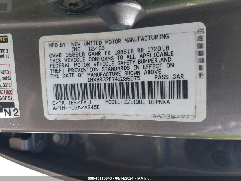 2004 Toyota Corolla Le VIN: 1NXBR32E74Z286075 Lot: 40116940