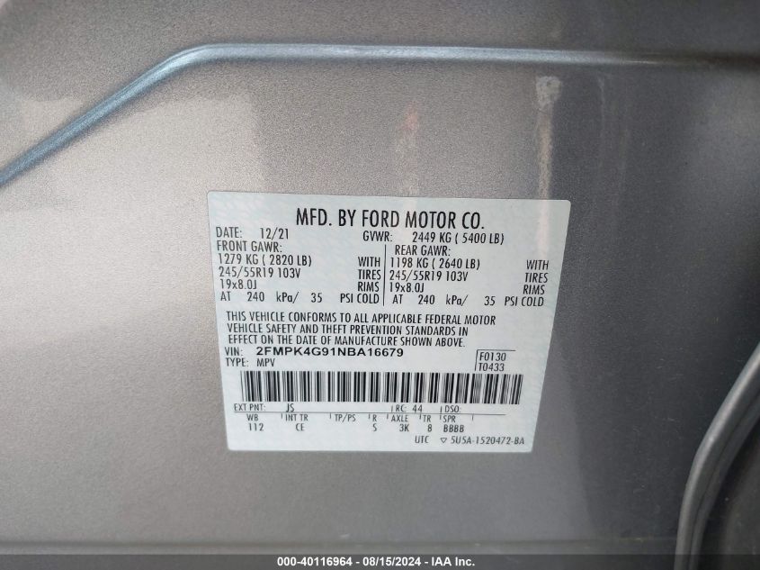 2022 Ford Edge Se VIN: 2FMPK4G91NBA16679 Lot: 40116964