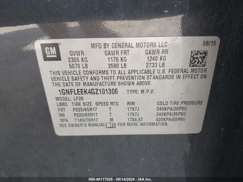 2016 Chevrolet Equinox Ls VIN: 1GNFLEEK4GZ101306 Lot: 40117025