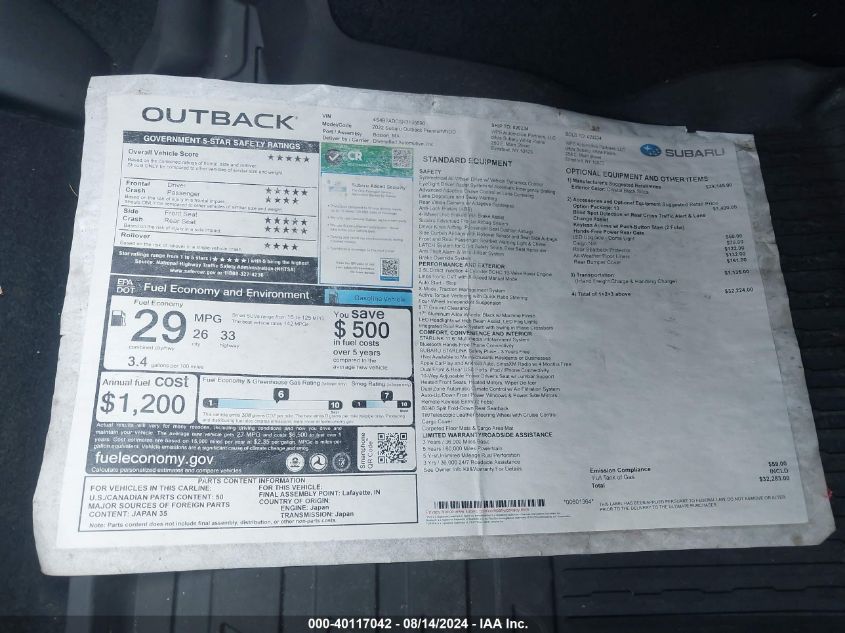 2022 Subaru Outback Premium VIN: 4S4BTADC6N3135690 Lot: 40117042