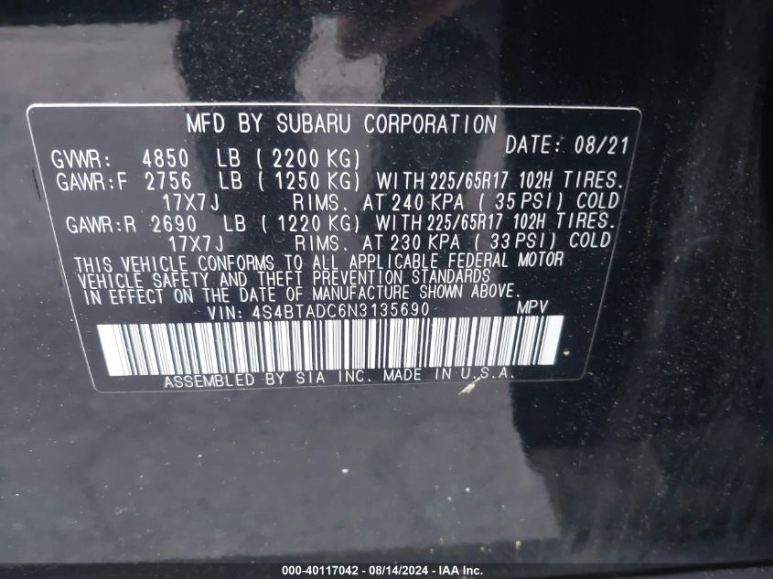 2022 Subaru Outback Premium VIN: 4S4BTADC6N3135690 Lot: 40117042