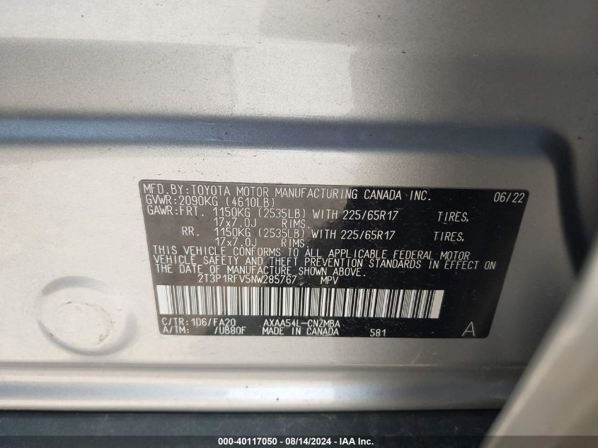 2022 Toyota Rav4 Xle VIN: 2T3P1RFV5NW285767 Lot: 40117050