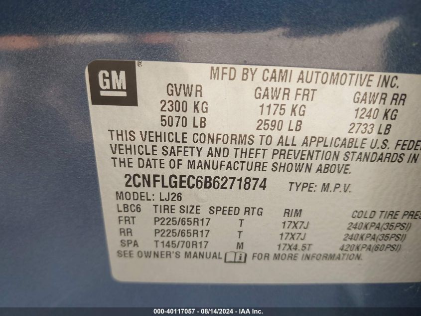 2011 Chevrolet Equinox Ltz VIN: 2CNFLGEC6B6271874 Lot: 40117057