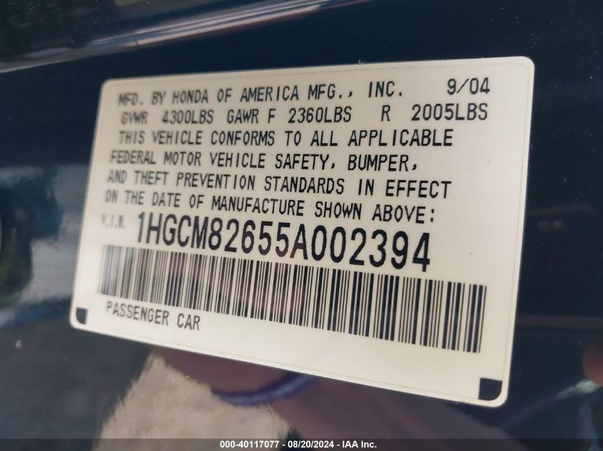 2005 Honda Accord 3.0 Ex VIN: 1HGCM82655A002394 Lot: 40117077