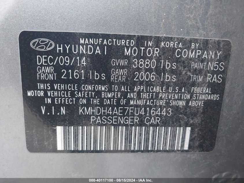 2015 Hyundai Elantra Se VIN: KMHDH4AE7FU416443 Lot: 40117100