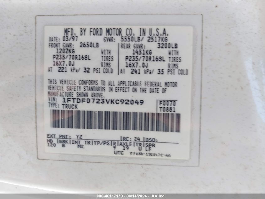 1997 Ford F-150 Xl/Xlt VIN: 1FTDF0723VKC92049 Lot: 40117179