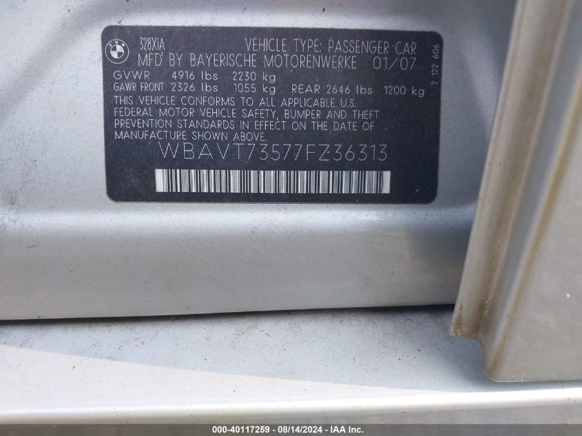 2007 BMW 328Xi VIN: WBAVT73577FZ36313 Lot: 40117259