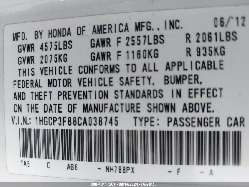 1HGCP3F88CA038745 2012 Honda Accord 3.5 Ex-L