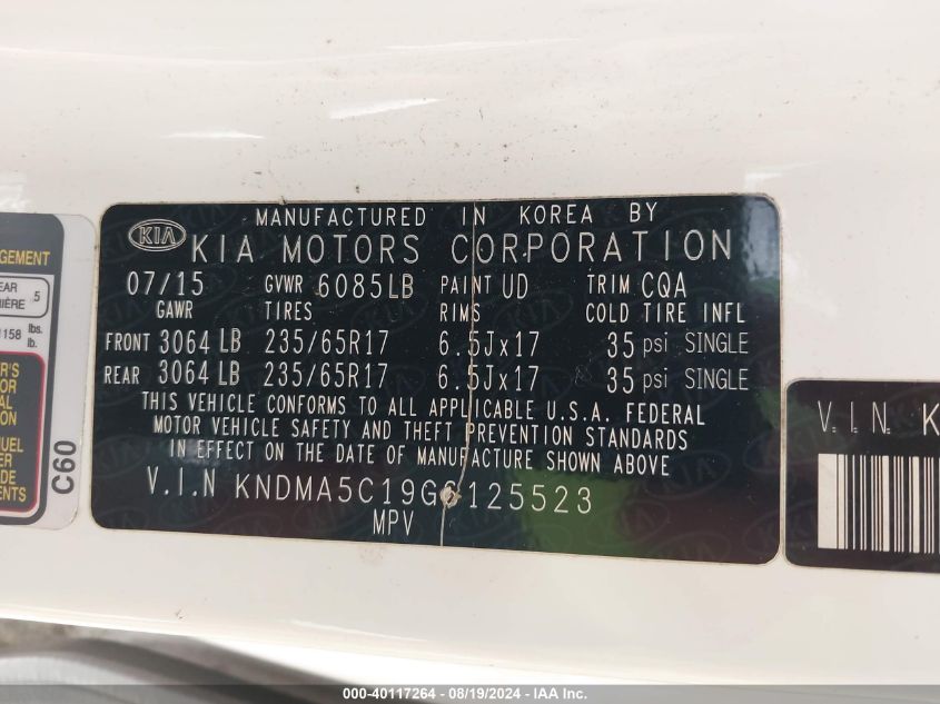 2016 Kia Sedona L VIN: KNDMA5C19G6125523 Lot: 40117264