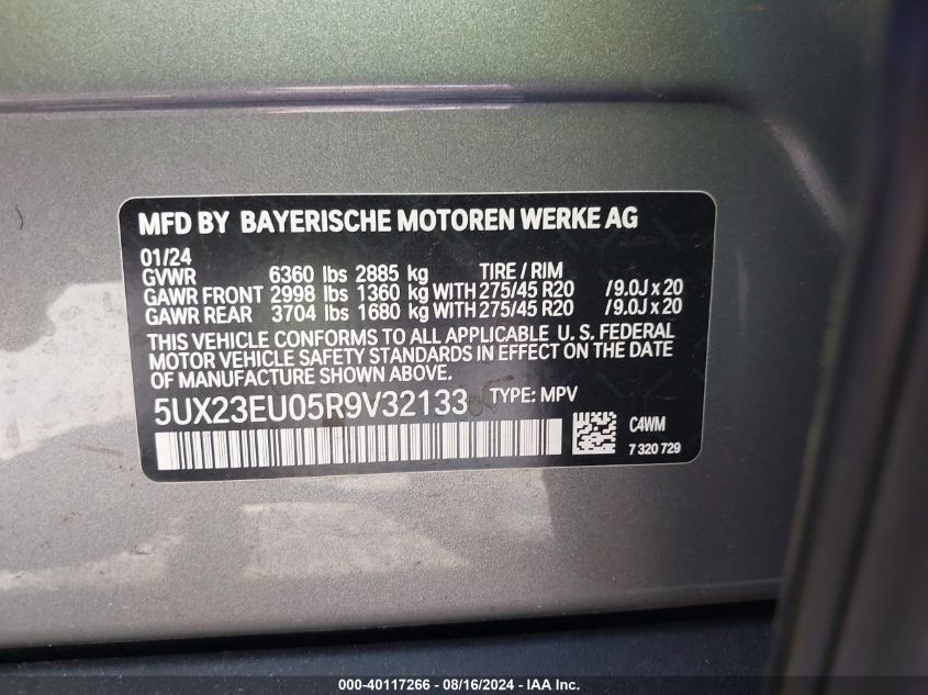 2024 BMW X5 xDrive40I VIN: 5UX23EU05R9V32133 Lot: 40117266