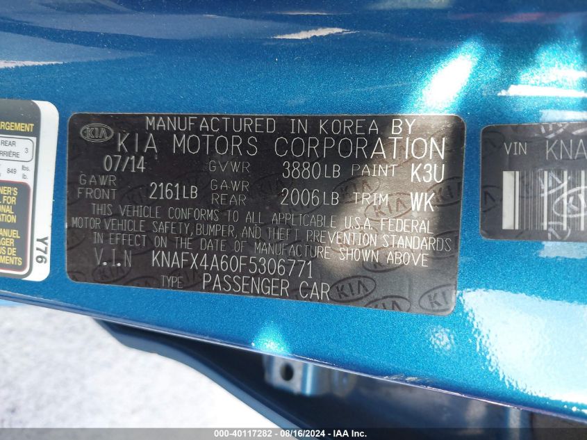 2015 Kia Forte Lx VIN: KNAFX4A60F5306771 Lot: 40117282