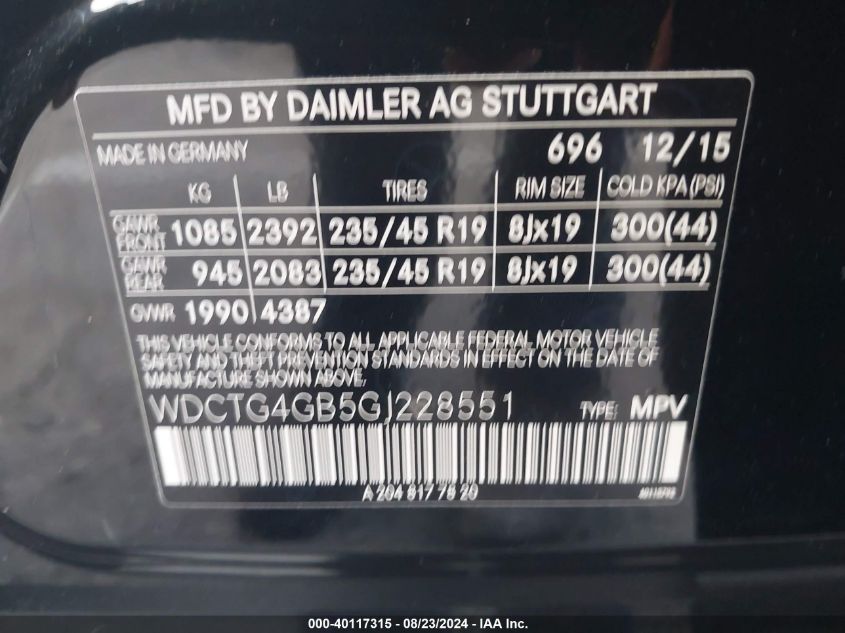 2016 Mercedes-Benz Gla 250 4Matic VIN: WDCTG4GB5GJ228551 Lot: 40117315