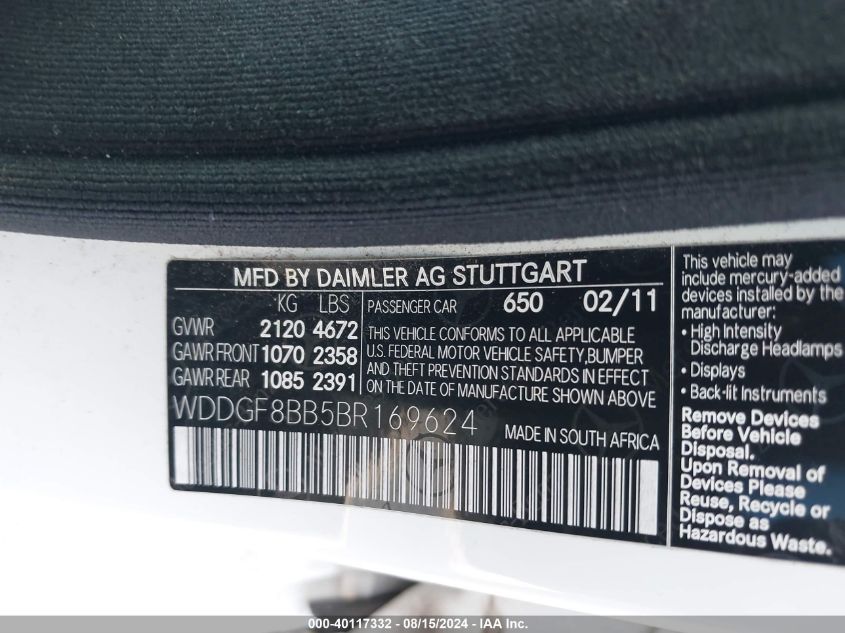 2011 Mercedes-Benz C 300 Luxury 4Matic/Sport 4Matic VIN: WDDGF8BB5BR169624 Lot: 40117332
