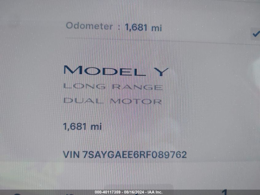 2024 Tesla Model Y Long Range Dual Motor All-Wheel Drive VIN: 7SAYGAEE6RF089762 Lot: 40117359