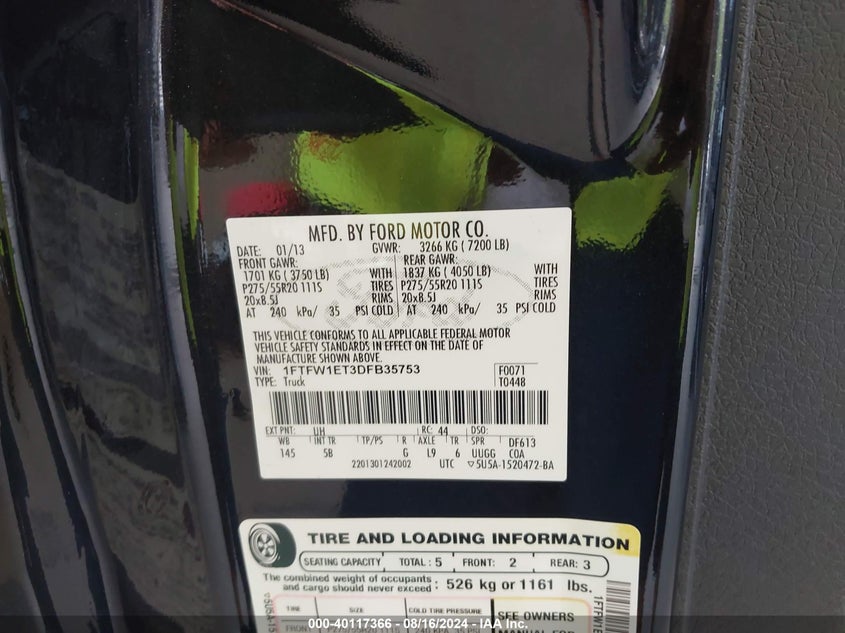 2013 Ford F-150 Fx4 VIN: 1FTFW1ET3DFB35753 Lot: 40117366