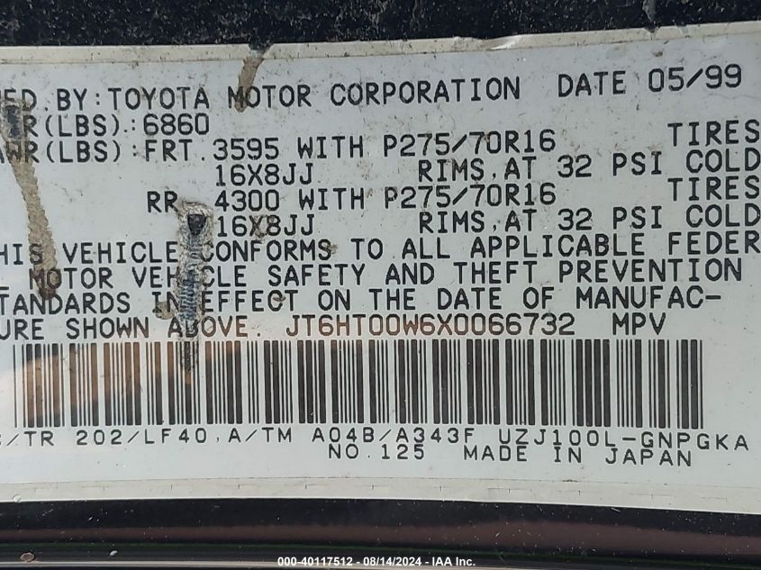 1999 Lexus Lx 470 VIN: JT6HT00W6X0066732 Lot: 40117512