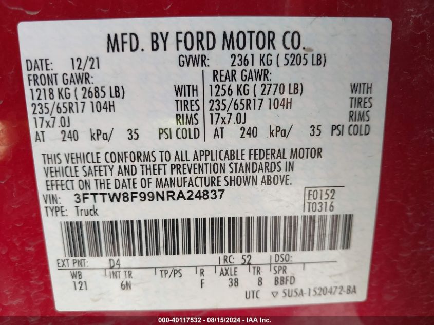 2022 Ford Maverick Lariat VIN: 3FTTW8F99NRA24837 Lot: 40117532