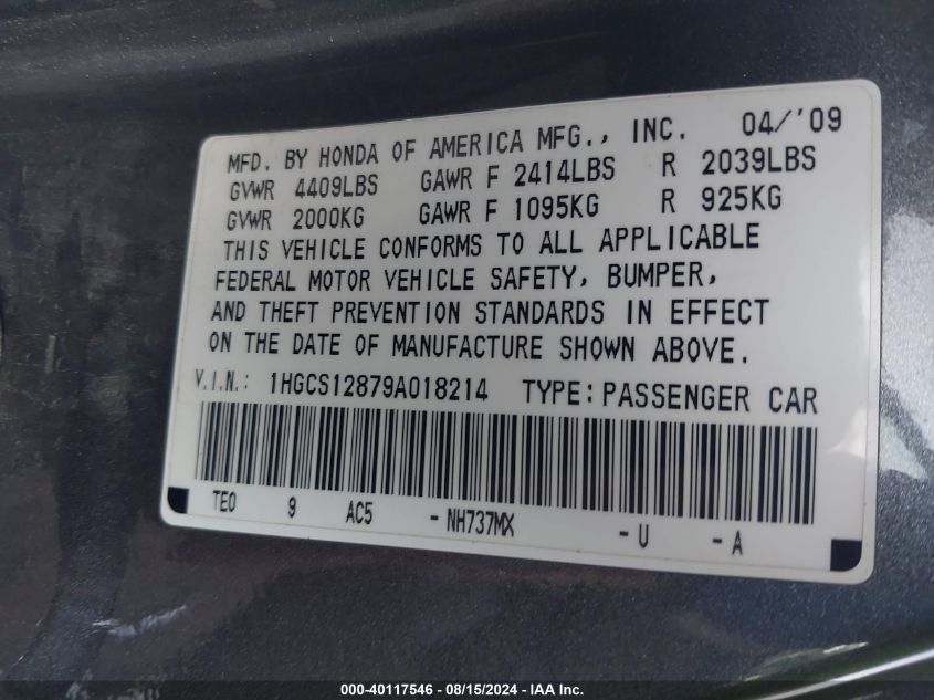 1HGCS12879A018214 2009 Honda Accord 2.4 Ex-L