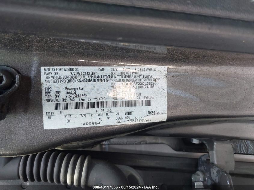 2012 Ford Focus Se VIN: 1FAHP3F22CL382906 Lot: 40117556