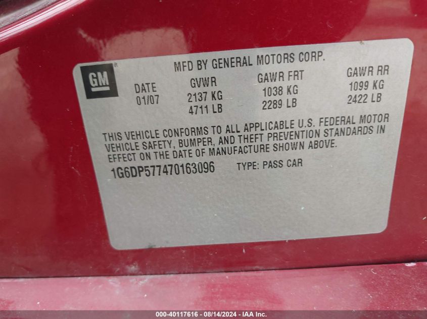 2007 Cadillac Cts Standard VIN: 1G6DP577470163096 Lot: 40117616