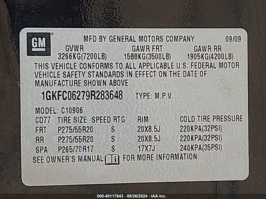 2009 GMC Yukon Xl 1500 Denali VIN: 1GKFC06279R283648 Lot: 40117643