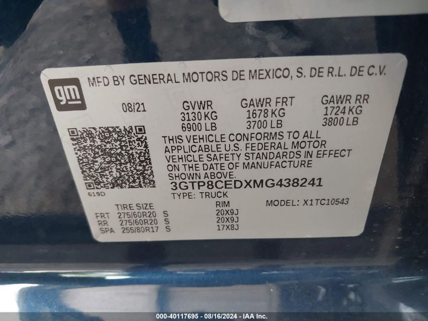 2021 GMC Sierra 1500 2Wd Short Box Elevation VIN: 3GTP8CEDXMG438241 Lot: 40117695