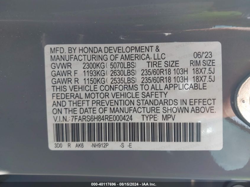 2024 Honda Cr-V Hybrid Sport-L VIN: 7FARS6H84RE000424 Lot: 40117696