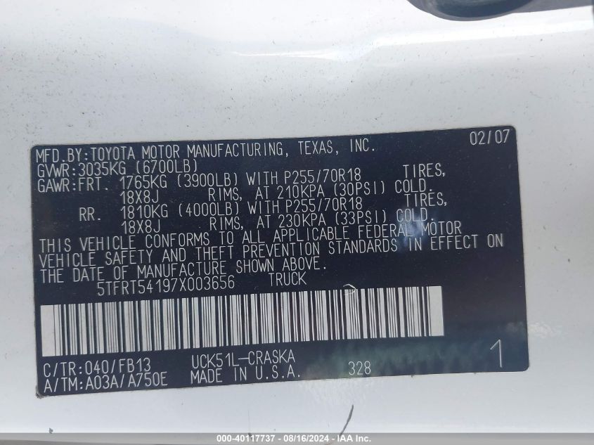 5TFRT54197X003656 2007 Toyota Tundra Sr5 4.7L V8