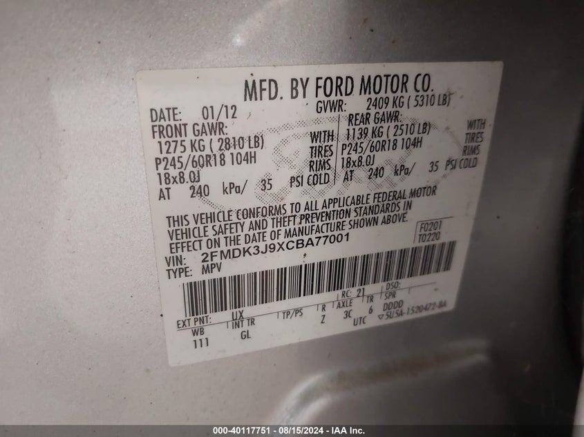 2012 Ford Edge Sel VIN: 2FMDK3J9XCBA77001 Lot: 40117751