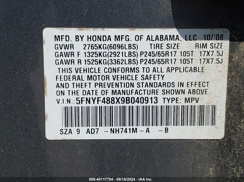 2009 Honda Pilot Touring VIN: 5FNYF488X9B040913 Lot: 40117754