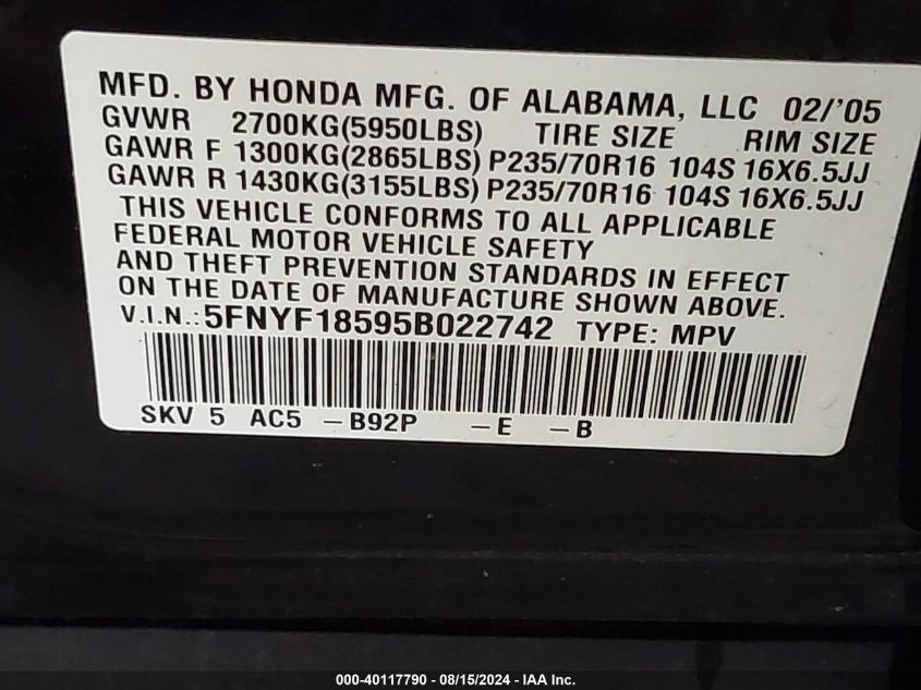 2005 Honda Pilot Exl VIN: 5FNYF18595B022742 Lot: 40117790