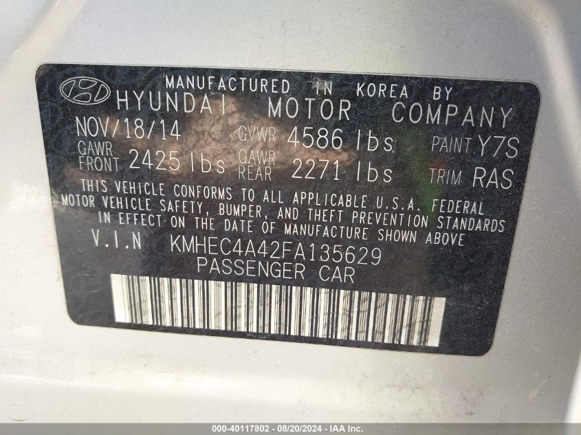 2015 Hyundai Sonata Hybrid Hybrid/Limited VIN: KMHEC4A42FA135629 Lot: 40117802