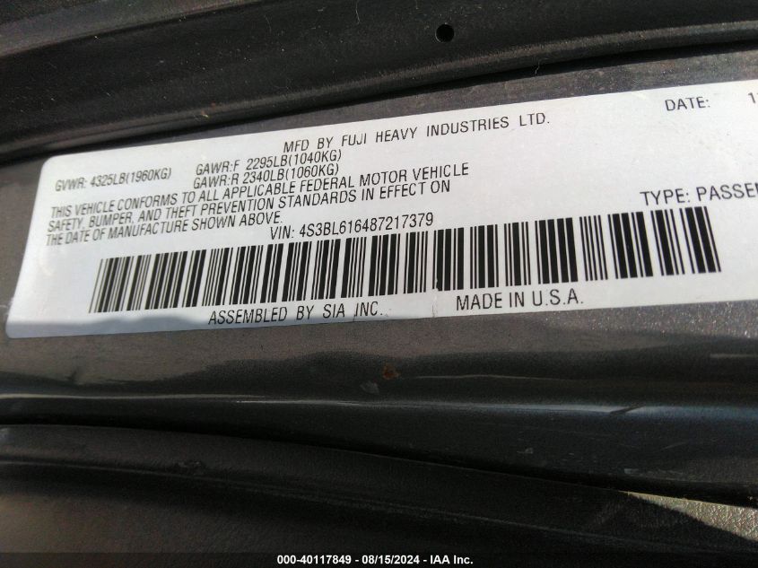 2008 Subaru Legacy 2.5I VIN: 4S3BL616487217379 Lot: 40117849