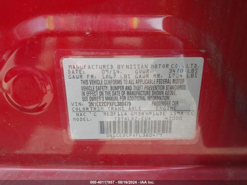 2015 Nissan Versa Note S (Sr)/S Plus/Sl/Sr/Sv VIN: 3N1CE2CPXFL380479 Lot: 40117857