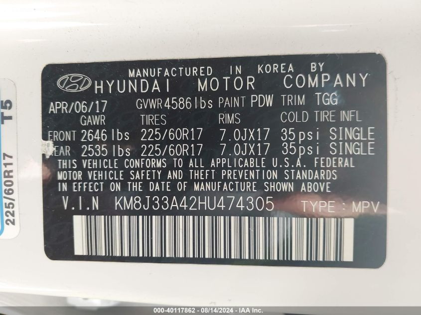 KM8J33A42HU474305 2017 Hyundai Tucson Se