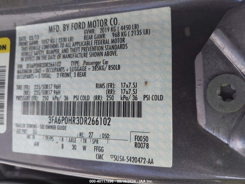 2013 Ford Fusion Se VIN: 3FA6P0HR3DR266102 Lot: 40117896