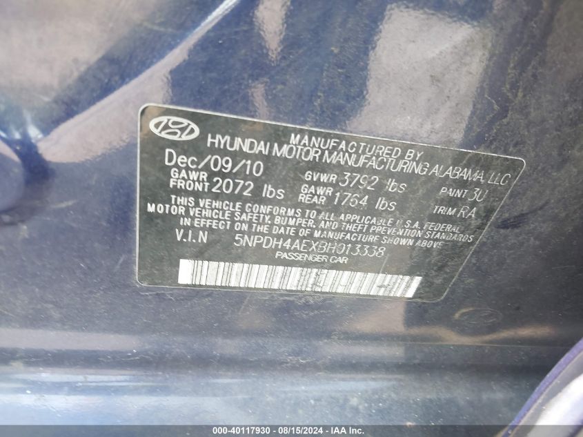 2011 Hyundai Elantra Gls VIN: 5NPDH4AEXBH013338 Lot: 40117930