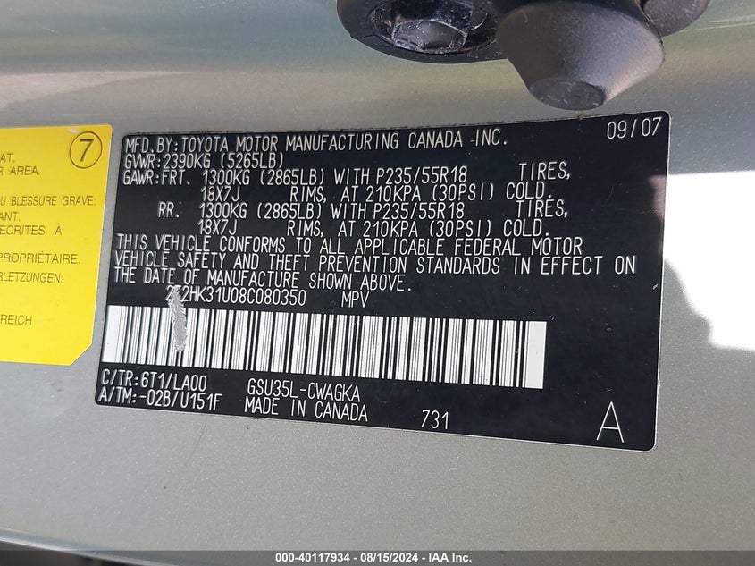 2008 Lexus Rx 350 VIN: 2T2HK31U08C080350 Lot: 40117934