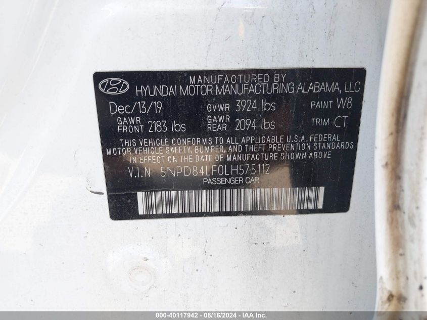 2020 Hyundai Elantra Sel VIN: 5NPD84LF0LH575112 Lot: 40117942