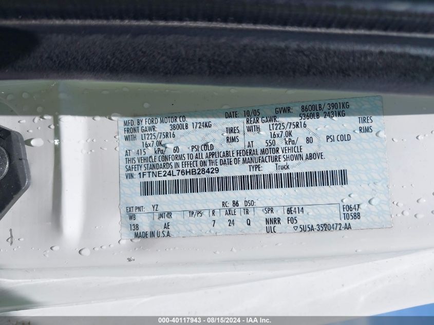 2006 Ford E-250 Commercial/Recreational VIN: 1FTNE24L76HB28429 Lot: 40117943