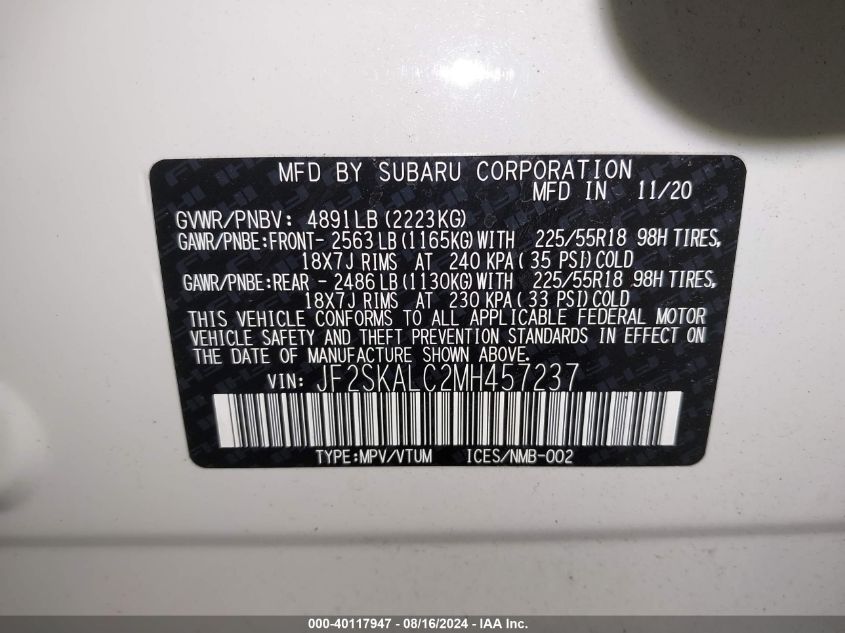 2021 Subaru Forester Sport VIN: JF2SKALC2MH457237 Lot: 40117947