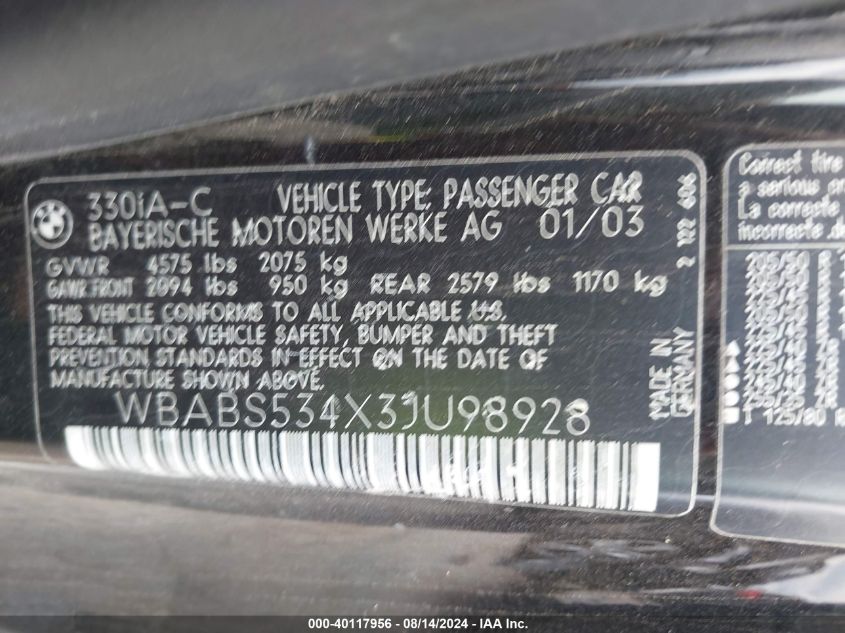 2003 BMW 330Ci VIN: WBABS534X3JU98928 Lot: 40117956