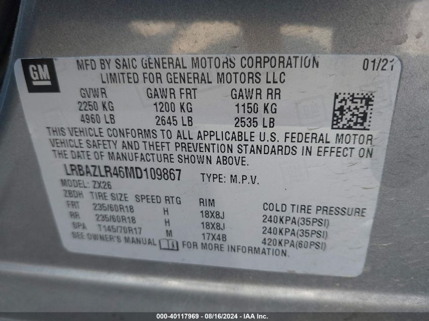 2021 Buick Envision Fwd Preferred VIN: LRBAZLR46MD109867 Lot: 40117969